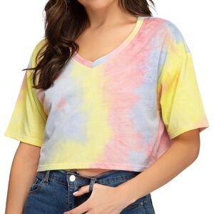 PEACH PURPLE SHORT SLEEVE V NECK TIE DYED LIGHT WEIGHT TERRY CROP TOP